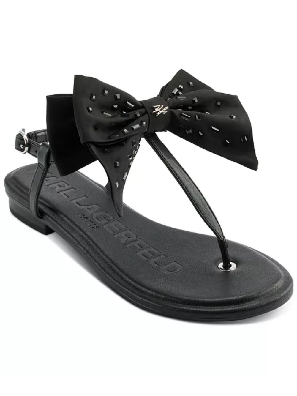 Karl Lagerfeld Black Bow Thong Sandals with Stud Detail